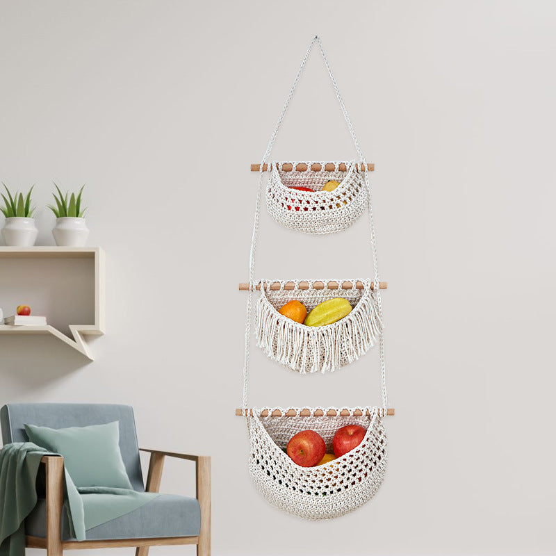 Túi lưới trái cây ba lớp dệt tay đơn giản kết hợp giỏ lưu trữ treo tường nhà bếp có thể tháo rời túi