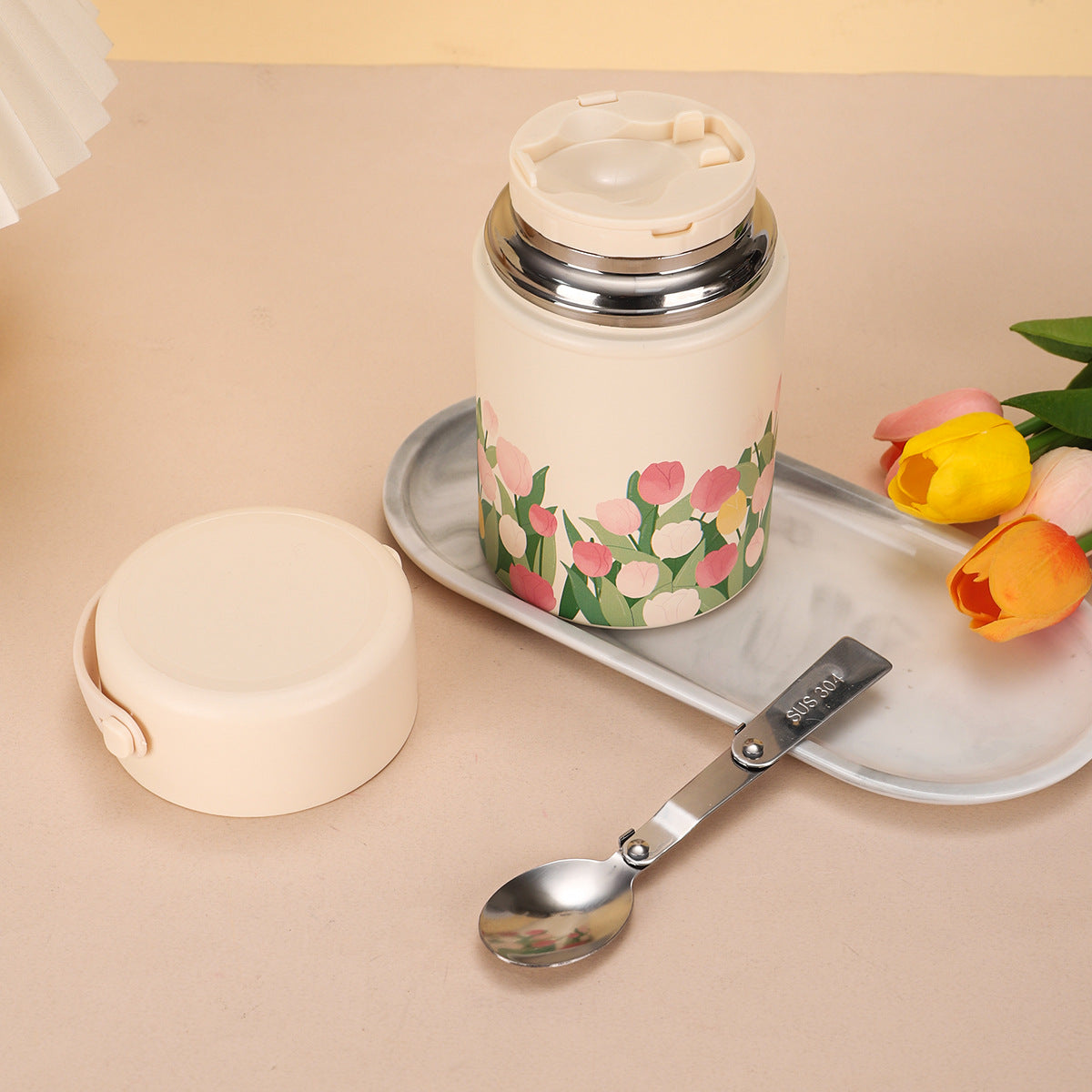 Cốc giữ nhiệt 500ml bằng thép không gỉ 316 gia đình công suất lớn với thìa nước cốc đốt xách tay hoa tulip