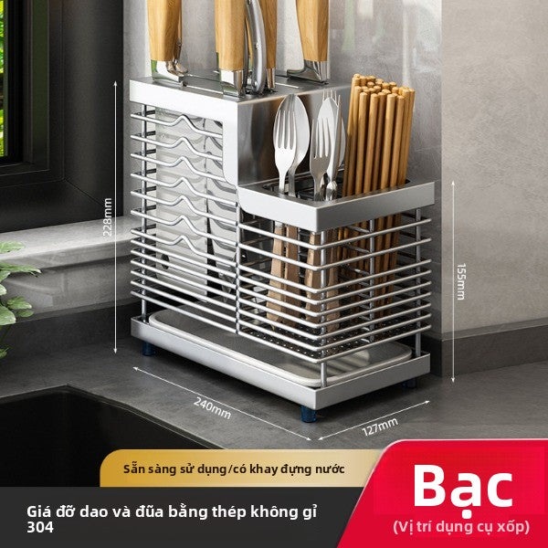 giá đỡ dao 304 thép không gỉ giá đỡ nhà bếp kệ gia đình mặt bàn đặt đũa dao một mảnh giá lưu trữ tre
