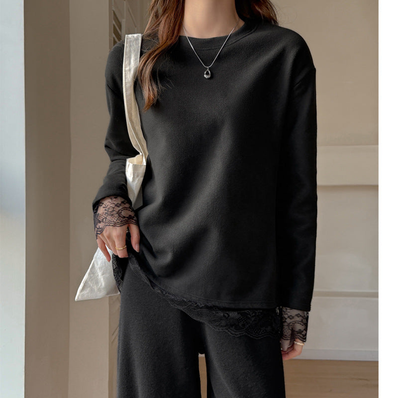 Áo ren ren dài tay áo thun nữ phiên bản Hàn Quốc ren nối tinh khiết mong muốn