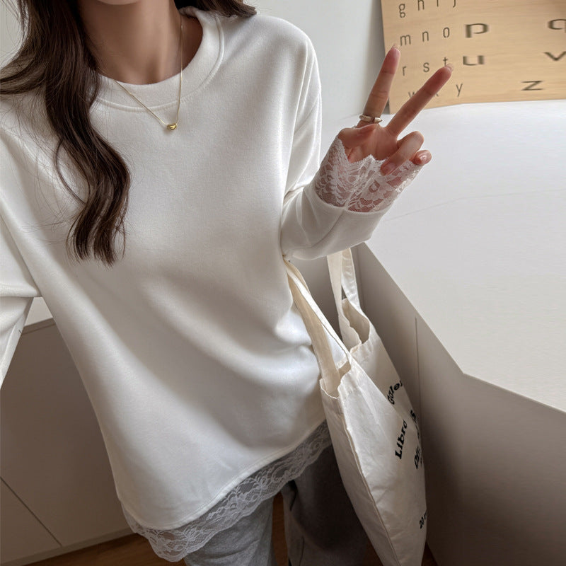 Áo ren ren dài tay áo thun nữ phiên bản Hàn Quốc ren nối tinh khiết mong muốn