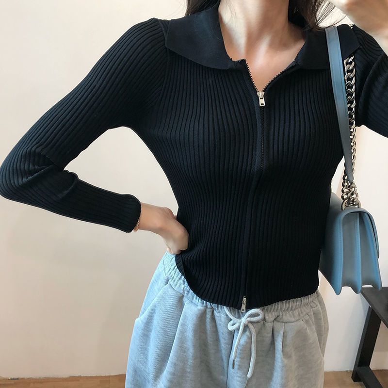 Áo cardigan dệt kim cổ polo nữ mẫu mỏng  đầu mùa thu mẫu mới mỏng mỏng mẫu ngắn hai đầu khóa kéo áo