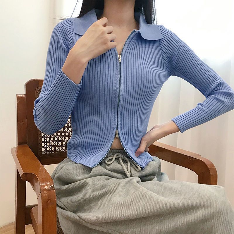 Áo cardigan dệt kim cổ polo nữ mẫu mỏng  đầu mùa thu mẫu mới mỏng mỏng mẫu ngắn hai đầu khóa kéo áo