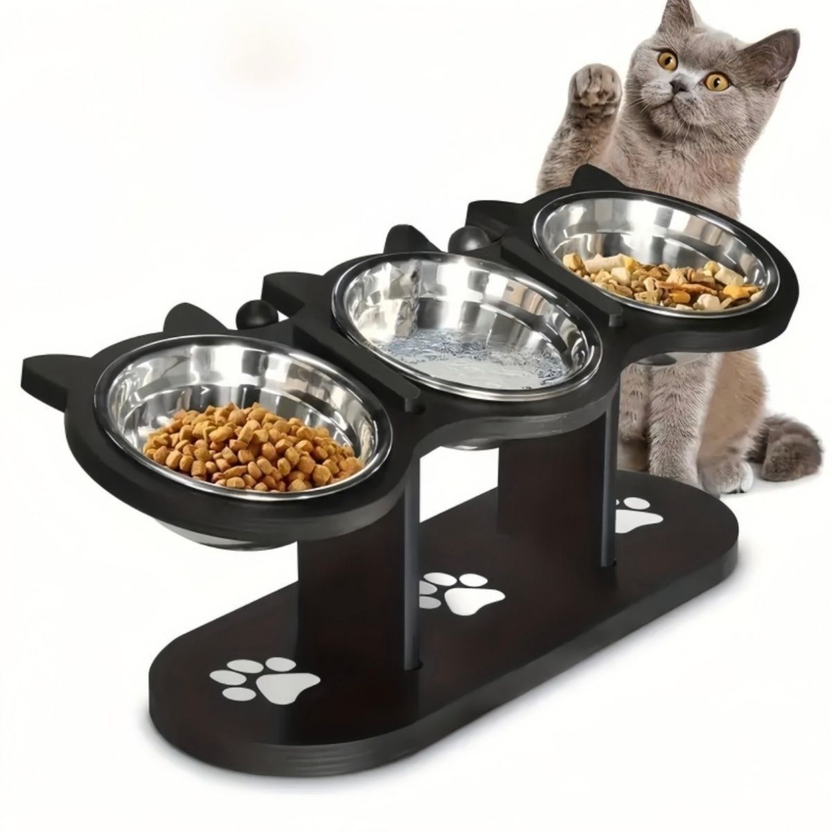 3 trong 1 nâng cao mèo gỗ có thể điều chỉnh làm đổ bát cơm, vật nuôi bảo vệ cho ăn cột sống cổ, nước