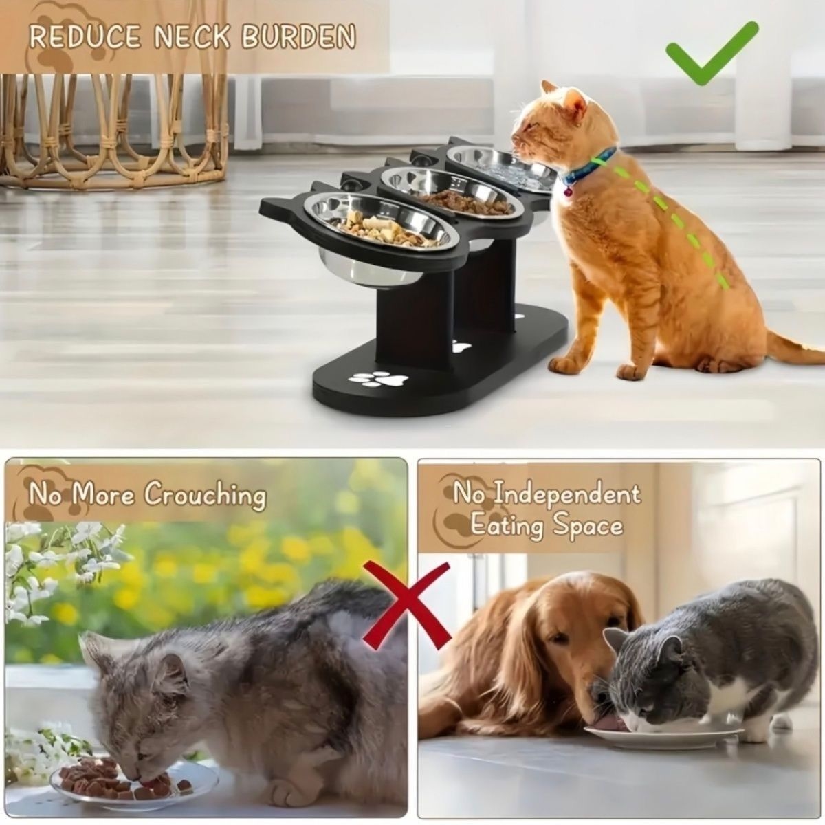 3 trong 1 nâng cao mèo gỗ có thể điều chỉnh làm đổ bát cơm, vật nuôi bảo vệ cho ăn cột sống cổ, nước