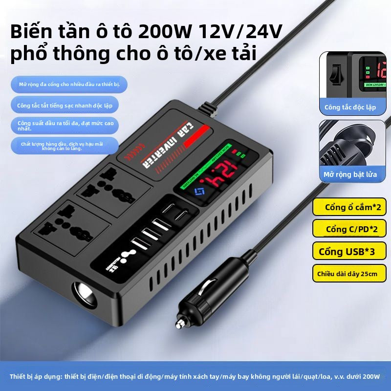 Biến tần xe hơi 12V-24V đến 220V bộ chuyển đổi điện đa chức năng bộ sạc ổ cắm cho xe tải