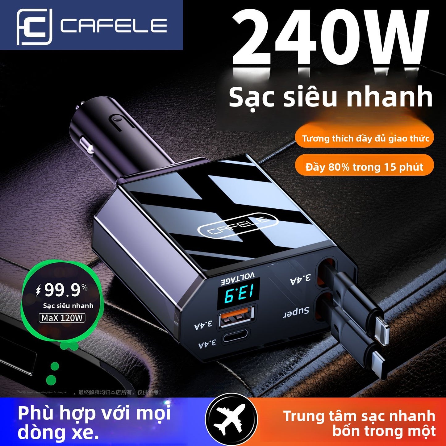sạc xe tẩu ô tô Carfera 240W siêu nhanh sạc xe cổng tẩu một kéo bốn áp dụng cho Apple Huawei Xiaom