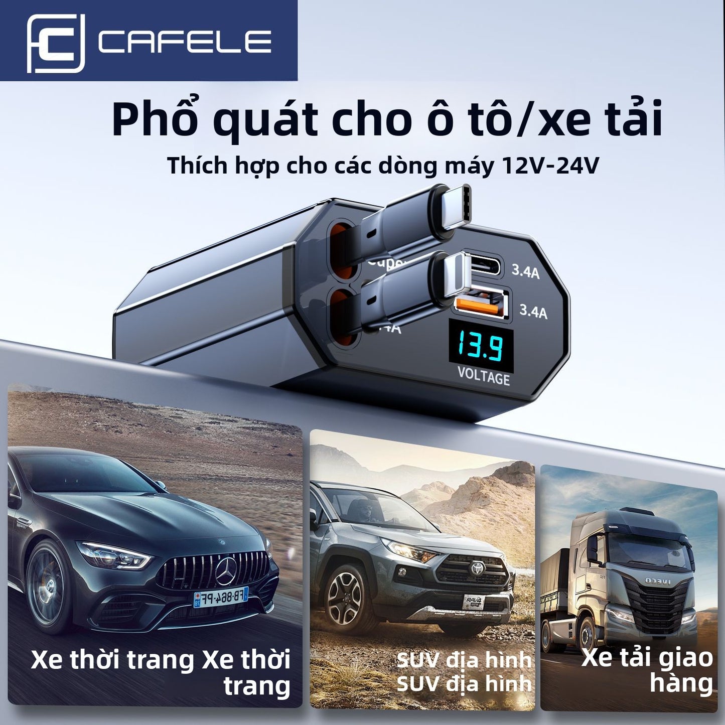 sạc xe tẩu ô tô Carfera 240W siêu nhanh sạc xe cổng tẩu một kéo bốn áp dụng cho Apple Huawei Xiaom