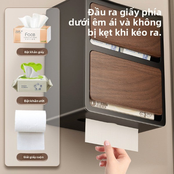 Hộp khăn giấy hai lớp treo tường hạt gỗ trung cổ nhà vệ sinh miễn phí đục lỗ giá đỡ giấy vệ sinh hộp