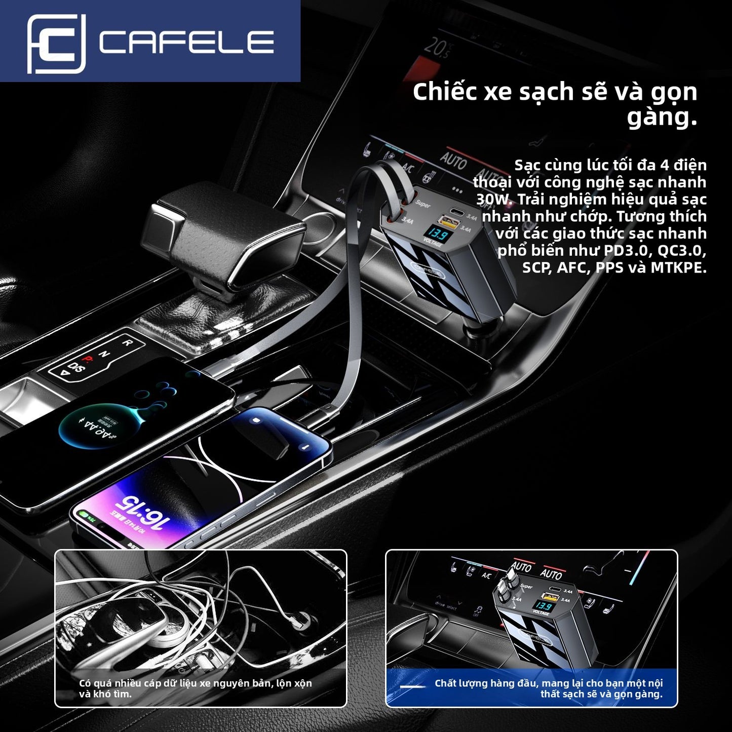 sạc xe tẩu ô tô Carfera 240W siêu nhanh sạc xe cổng tẩu một kéo bốn áp dụng cho Apple Huawei Xiaom