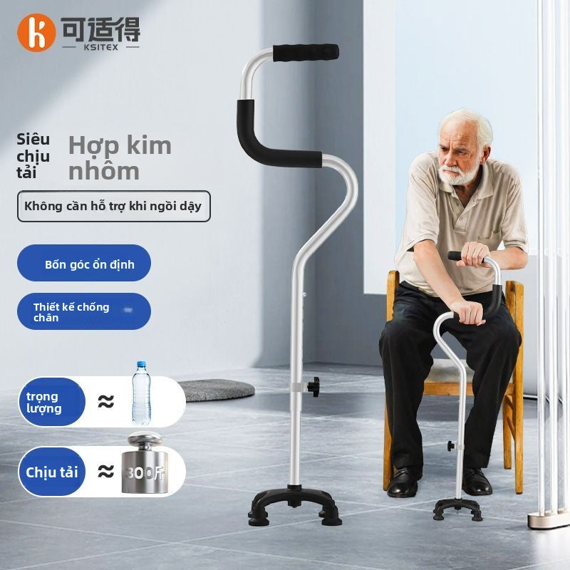 Gậy chống người già bốn chân gậy chống rơi người già hợp kim nhôm nhẹ và đa chức năng chống trượt gậ