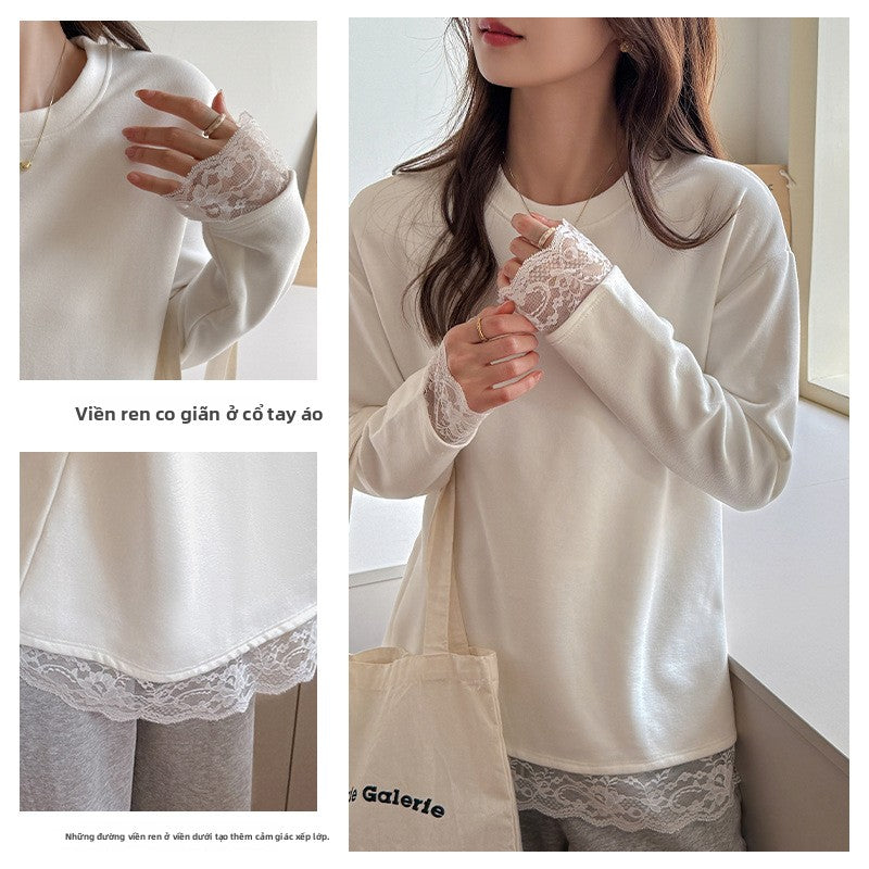 Áo ren ren dài tay áo thun nữ phiên bản Hàn Quốc ren nối tinh khiết mong muốn