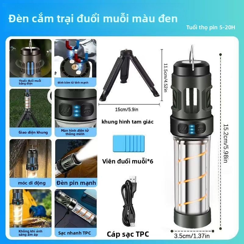 Đèn cắm trại chống muỗi ngoài trời đa chức năng Type-C sạc dài độ bền từ tính hút đèn khí quyển tam